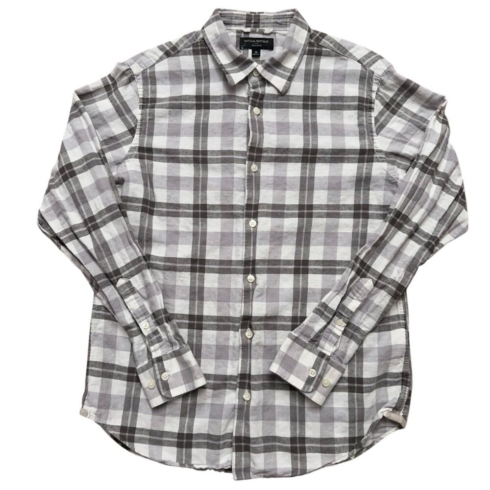 Banana Republic Shirt Mens M Long Sleeve Linen Cotton Blend Plaid Gray White